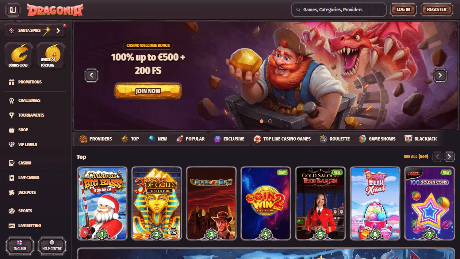 Dragonia Casino desktop home with casino and betting access