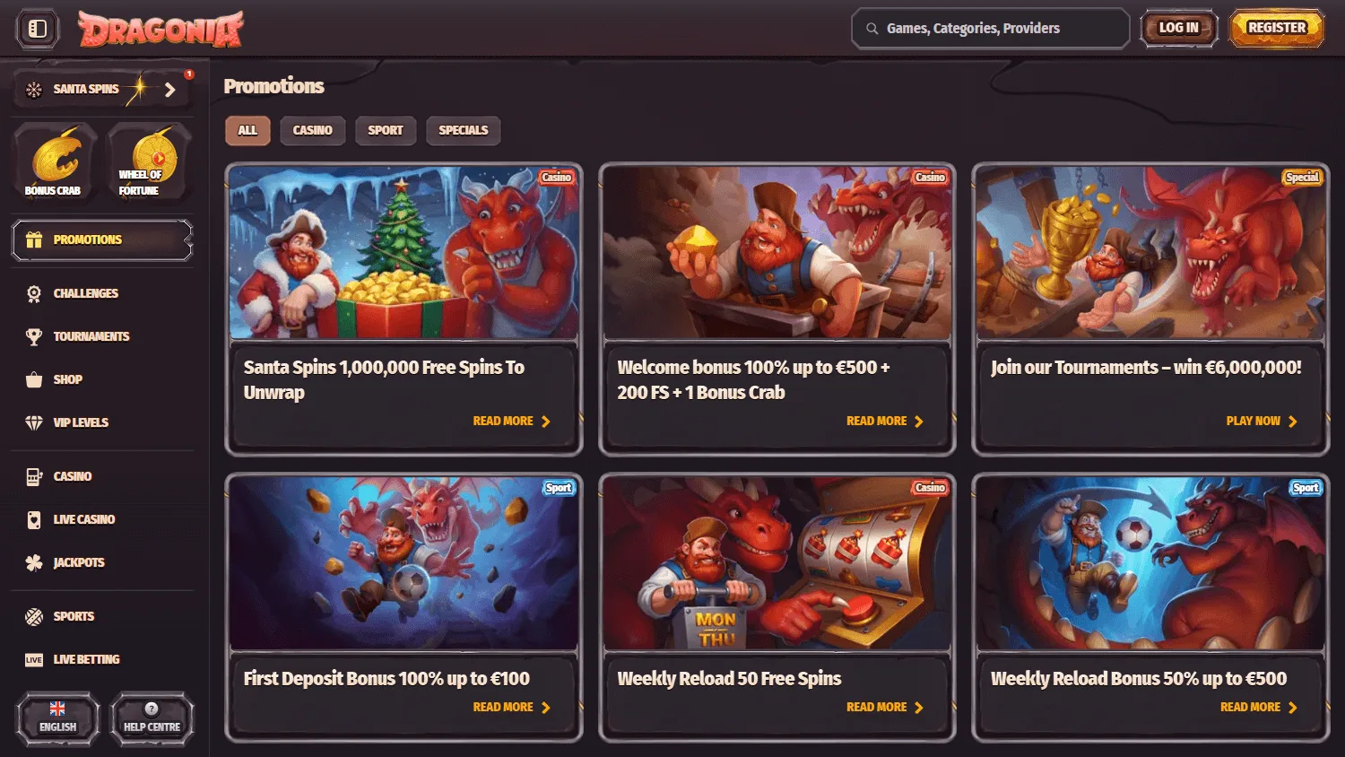 Dragonia Casino desktop promotions with welcome, reload and reward offers