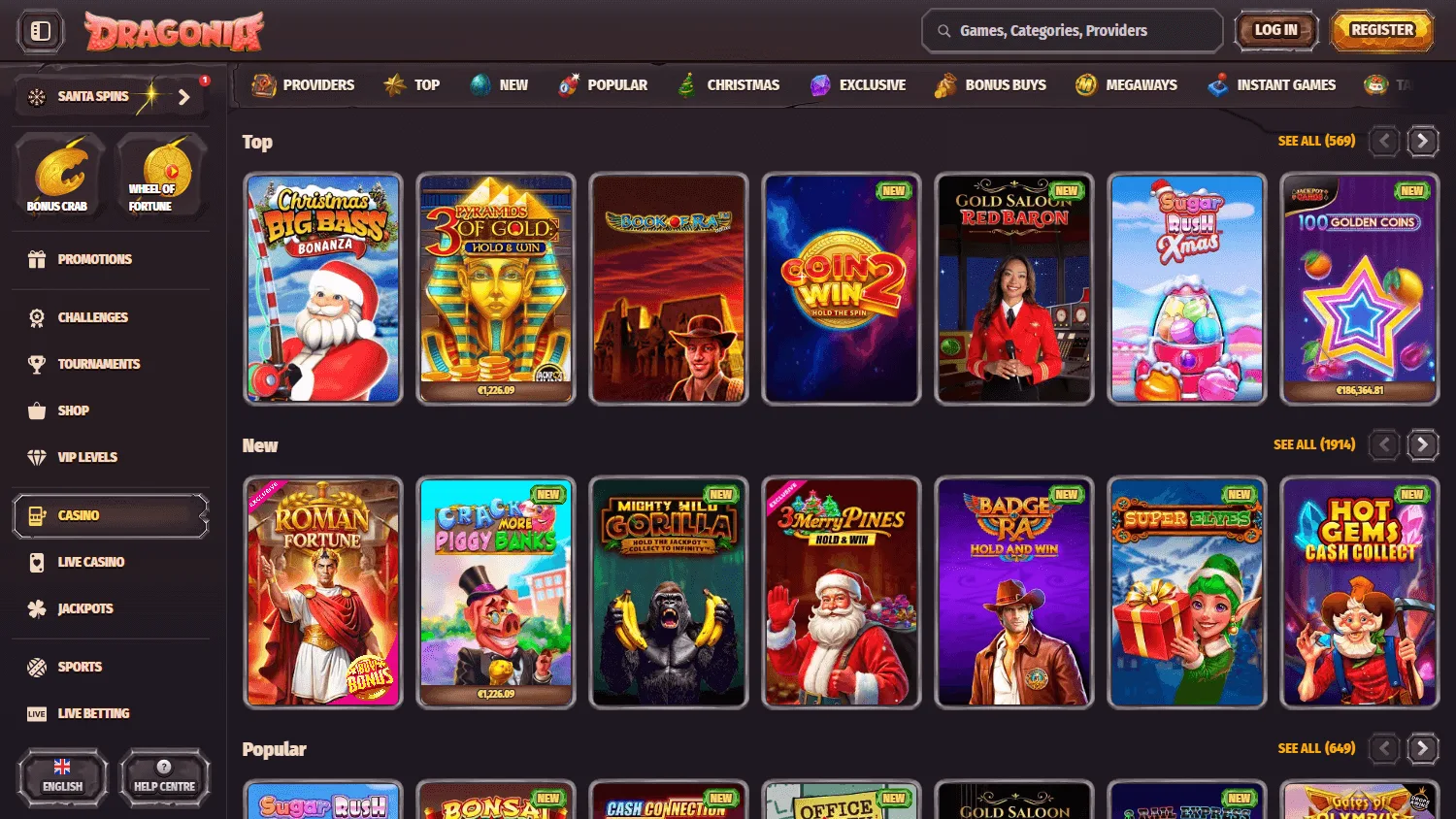 Dragonia Casino desktop games catalogue with pokies and live casino