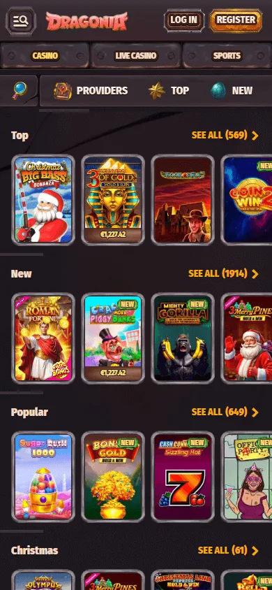 Dragonia Casino mobile browser games catalogue
